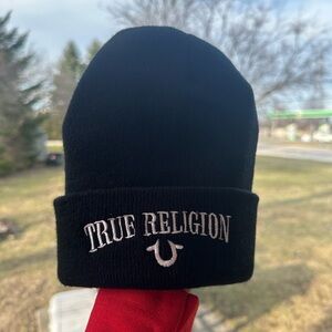 True Religion Black Knit Cuff Beanie with White Embroidered Logo